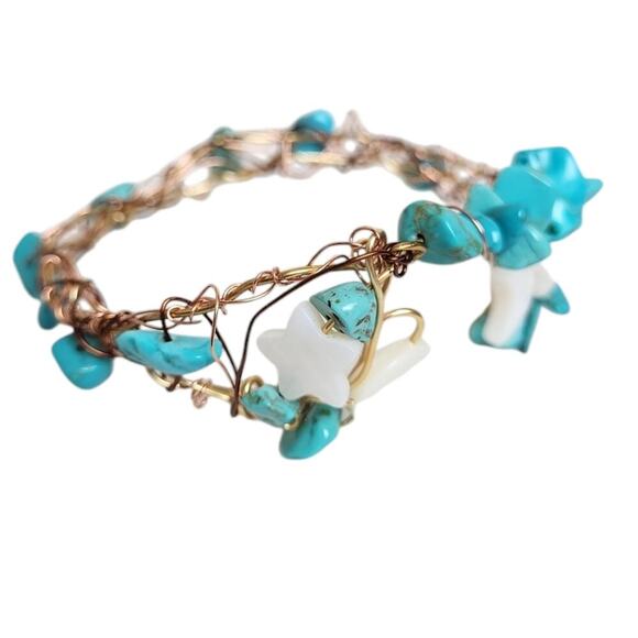 14K Gold Mother Of Pearl Cresant Moon Star Wire Wrapped Turquoise Bangle - Picture 3 of 3